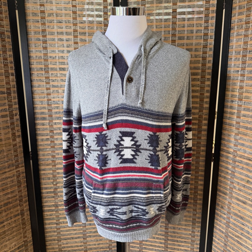 American Eagle Hoodie Mens Large Gray Southwestern Knit Sweater Henley Pullover
